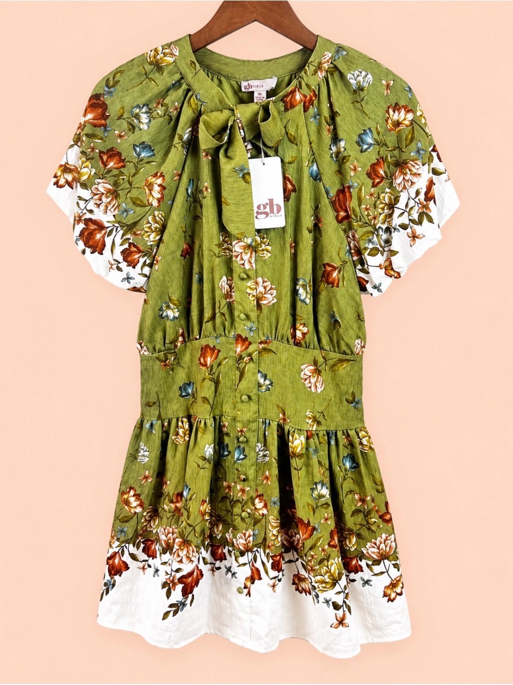 GB Girls Floral Tie Neck Flutter Sleeve Dress Juniors XL NWT